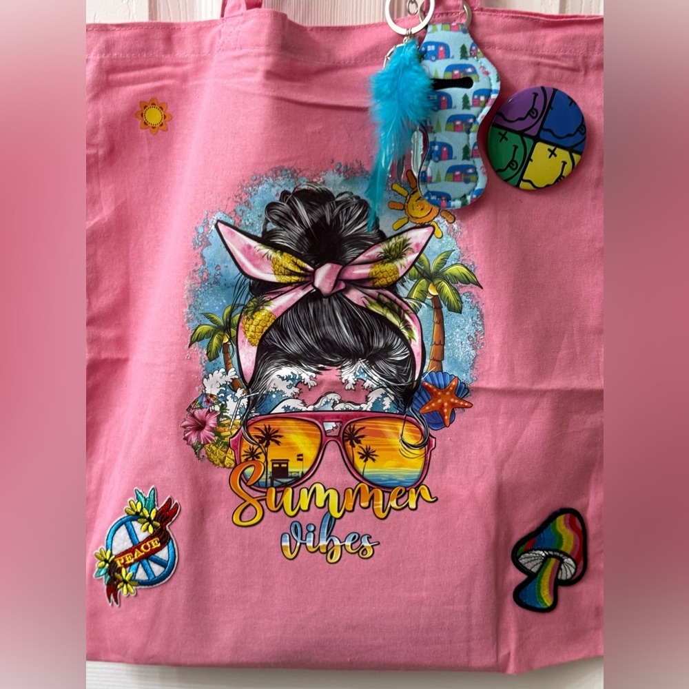Handmade Pink summer vibes tote bag